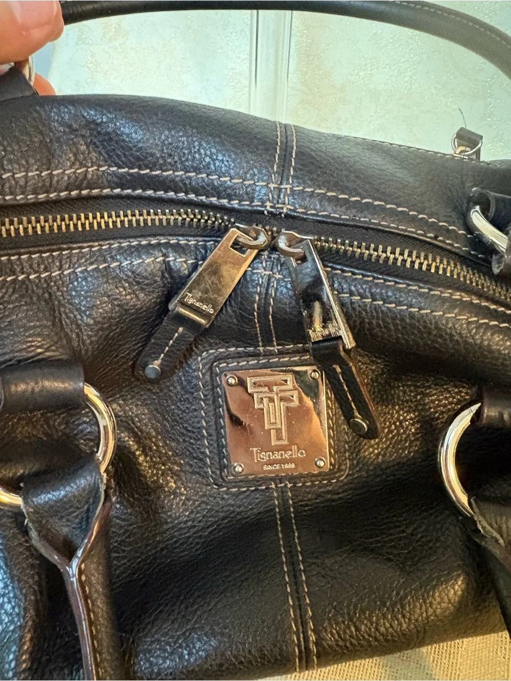Tignanello Black Pebbled Leather Shoulder Bag with Silver Hardware